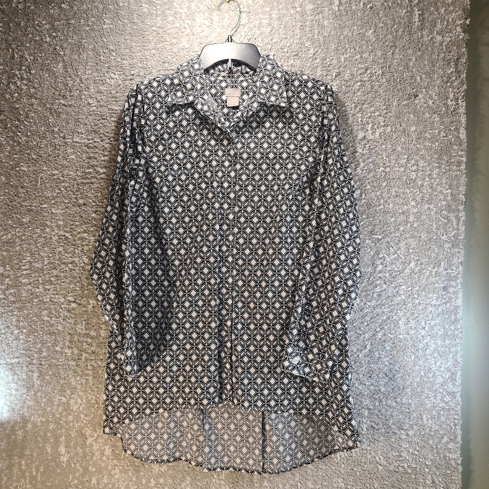 Chico No Iron Black White Long Sleeve Cotton Geometric Rings Tunic 0, S, 4, 6